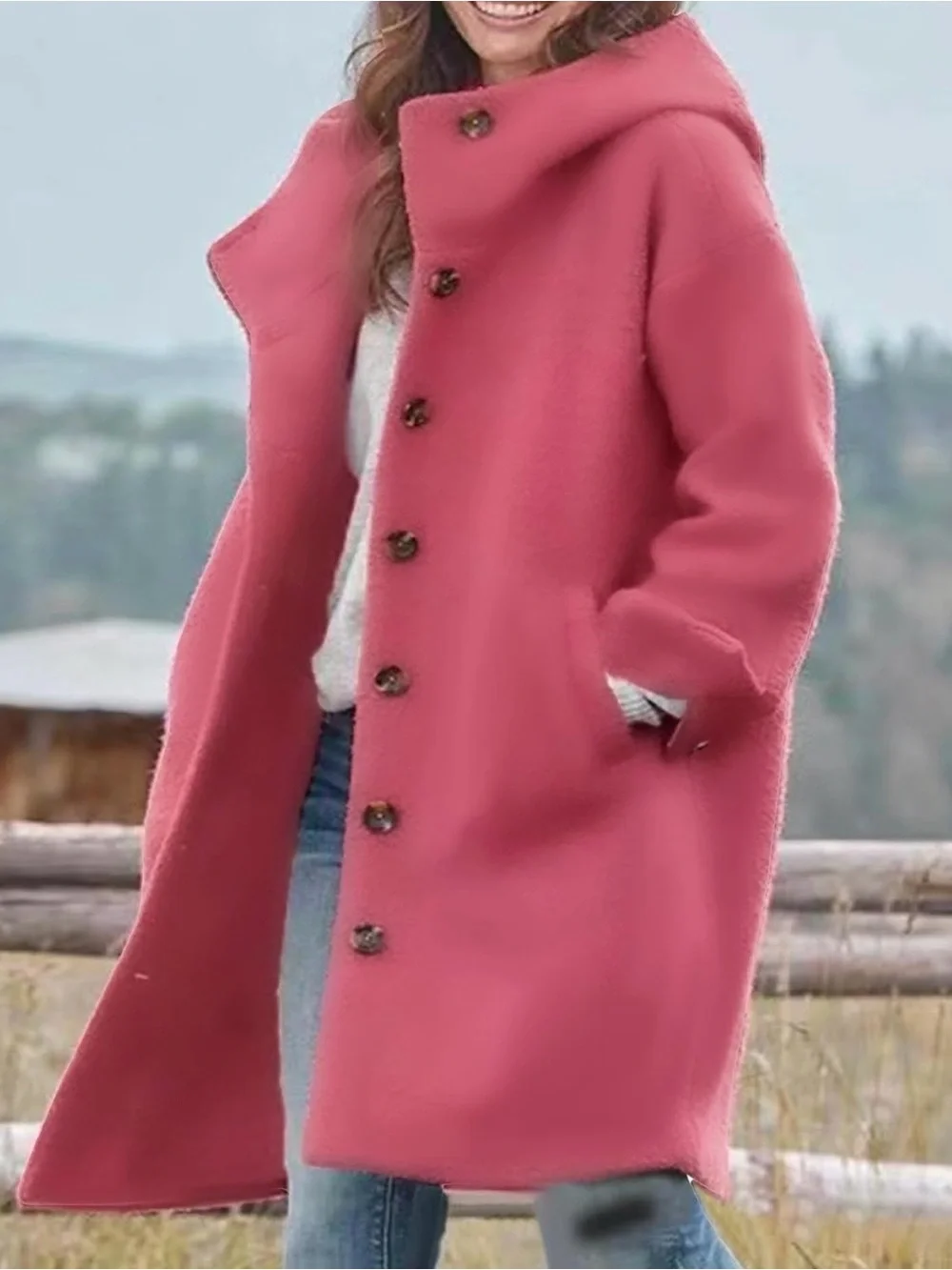 Funnel Neck Elegant Rose Pink Single-Breasted Trench Coat Medium NWT - Picture 2 of 6